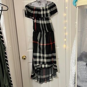 Off-Shoulder Plaid High Low Dress